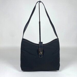 Vintage 90s Lauren Ralph Lauren Nylon Shoulder Bag Leather Strap Black